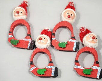 Kitschy Hand-Painted Set of 4 Santa Napkin Rings - Made in Taiwan