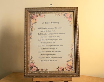 Vintage 1940s “A House Blessing” Framed Lithograph | Floral Print Gold Gilt Frame | Cottagecore Farmhouse Wall Decor | Housewarming Gift