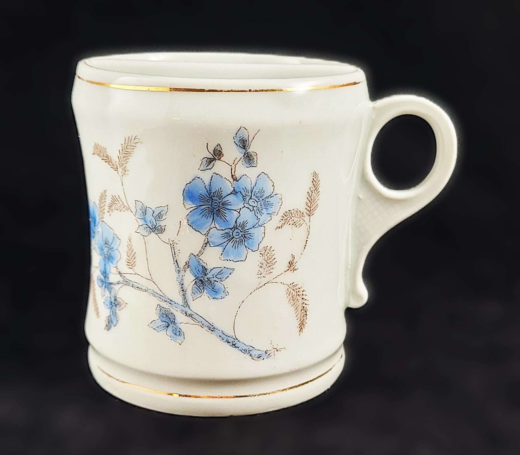 Antique Ironstone Blue Floral Shaving Mug with Gold Accents - Vintage Barber Collectible