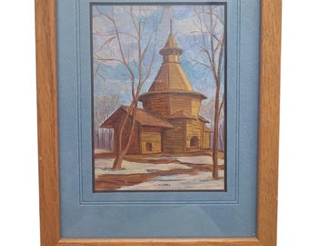 Mini Framed Oil Painting of Wooden Church Winter Scene | Eastern European Style | Vintage Landscape Art | Small Framed Artwork