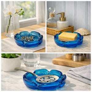 May include: A set of three images showcasing a vibrant blue, flower-shaped glass dish. The dish is used to hold jewelry, soap, and a serving spoon. The background includes a window, a decorative shelf, and a wooden cutting board.