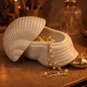 May include: A white ceramic trinket box shaped like a seashell with a hinged lid. The interior contains a delicate gold-toned chain necklace featuring small white pearls. A small, smooth gold-colored metallic accent is attached to the base.