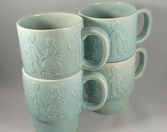 Vintage Celadon Green Stackable Mugs - Children Holding Hands, Japan (Set of 4)