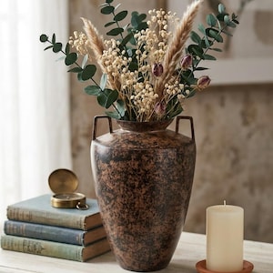 Rustic Metal Urn Vase, Mid Century Modern Classical Amphora, Oil Rubbed Bronze Finished Decorative Vessel, Wabi Sabi Dried Floral Pot 7.5"