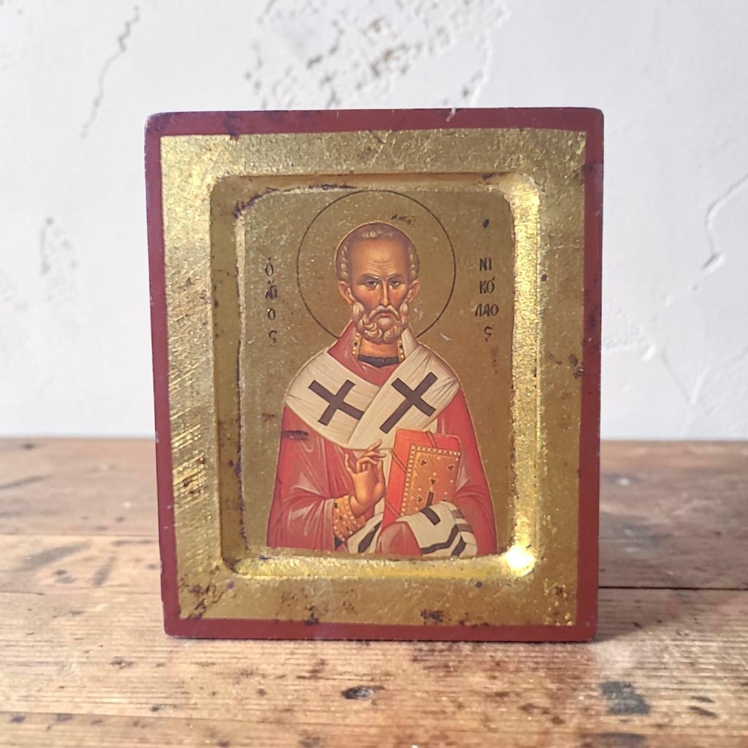 Byzantine Style Saint Nicholas Greek Orthodox Icon on Wood Panel Gold ...