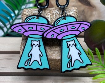 UFO Alien Space Ship Abducting Cat Dangle Plugs for Stretched Ears