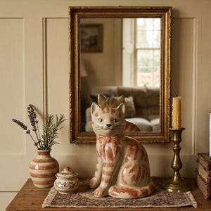 May include: A ceramic cat figurine with orange tabby stripes and a painted bow around its neck. Beside it sits a small striped vase containing lavender and rosemary, a lidded ceramic jar, and a tall brass candlestick with a yellow taper candle.