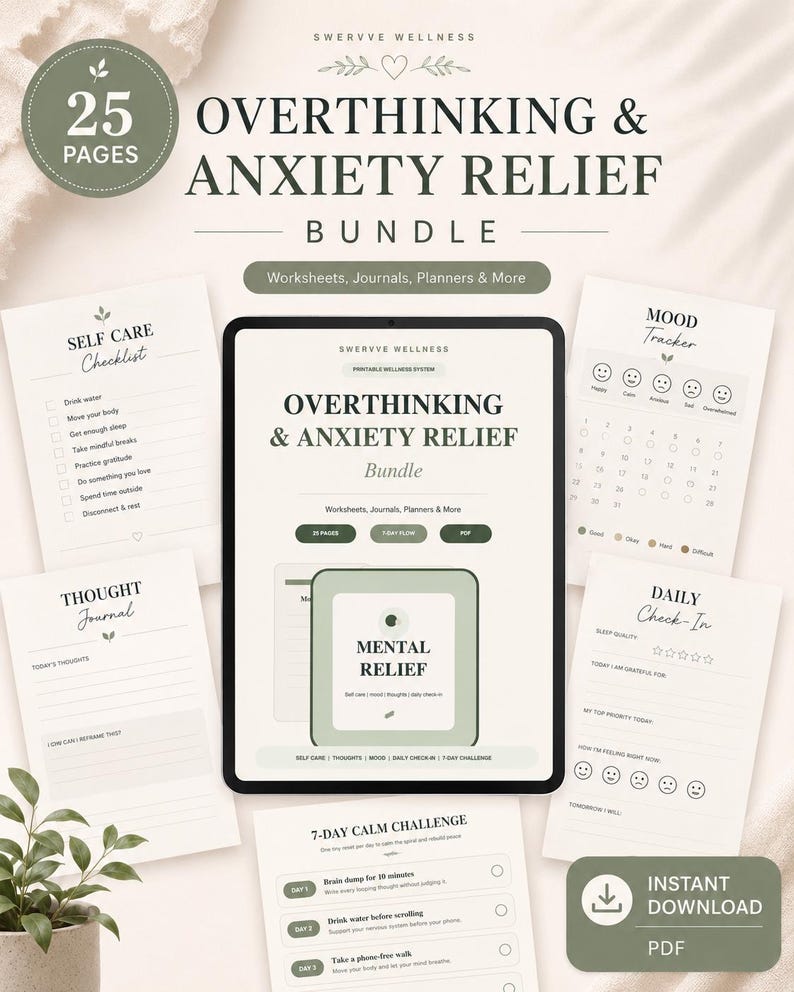 May include: A digital download bundle for anxiety and overthinking relief. The bundle includes worksheets, journals, and planners. The cover features the text "Overthinking & Anxiety Relief Bundle" and "25 Pages".