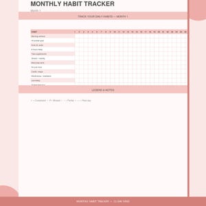 Op de afbeelding: Een roze en witte maandelijkse gewoontetracker met de titel "MONTHLY HABIT TRACKER" bovenaan. De tracker bevat een raster voor het bijhouden van dagelijkse gewoonten, met ruimte voor 26 dagen. De tracker bevat ook een legenda voor het markeren van voltooide, gemiste, gedeeltelijke en rustdagen.
