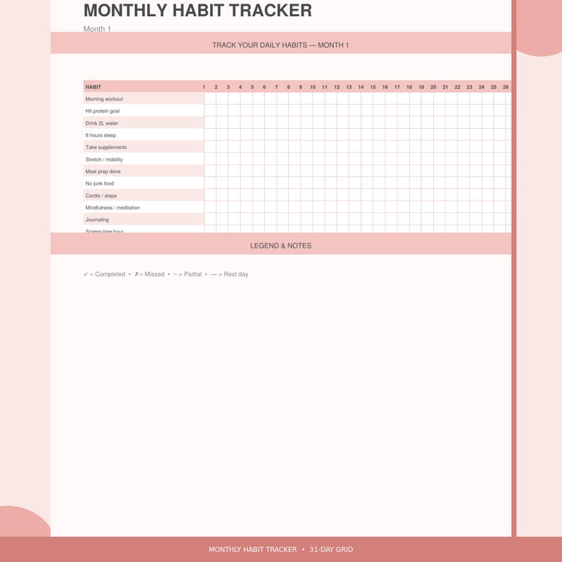 Op de afbeelding: Een roze en witte maandelijkse gewoontetracker met de titel "MONTHLY HABIT TRACKER" bovenaan. De tracker bevat een raster voor het bijhouden van dagelijkse gewoonten, met ruimte voor 26 dagen. De tracker bevat ook een legenda voor het markeren van voltooide, gemiste, gedeeltelijke en rustdagen.