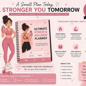 Op de afbeelding: Roze fitness- en wellnessplanner met een vrouwenillustratie, 50 pagina's, A4-formaat. Bevat secties voor het plannen van trainingen, het volgen van de voortgang en het opbouwen van gezonde gewoonten. Met de tekst "A Stronger You Tomorrow."