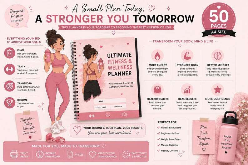Op de afbeelding: Roze fitness- en wellnessplanner met een vrouwenillustratie, 50 pagina's, A4-formaat. Bevat secties voor het plannen van trainingen, het volgen van de voortgang en het opbouwen van gezonde gewoonten. Met de tekst "A Stronger You Tomorrow."