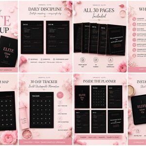May include: A digital planner with a pink and black design. The cover reads "30-DAY ELITE GLOW UP." Inside are pages for daily discipline, tracking, and momentum mapping. Includes a digital download and printable A4 format.