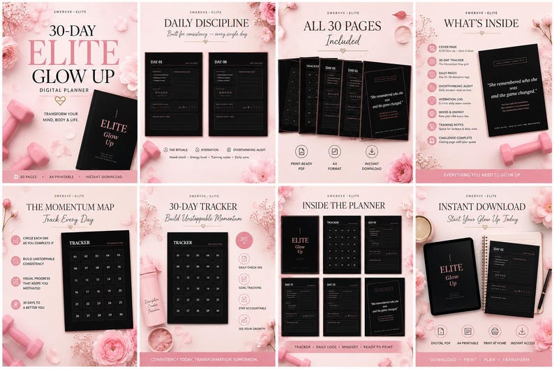 May include: A digital planner with a pink and black design. The cover reads "30-DAY ELITE GLOW UP." Inside are pages for daily discipline, tracking, and momentum mapping. Includes a digital download and printable A4 format.