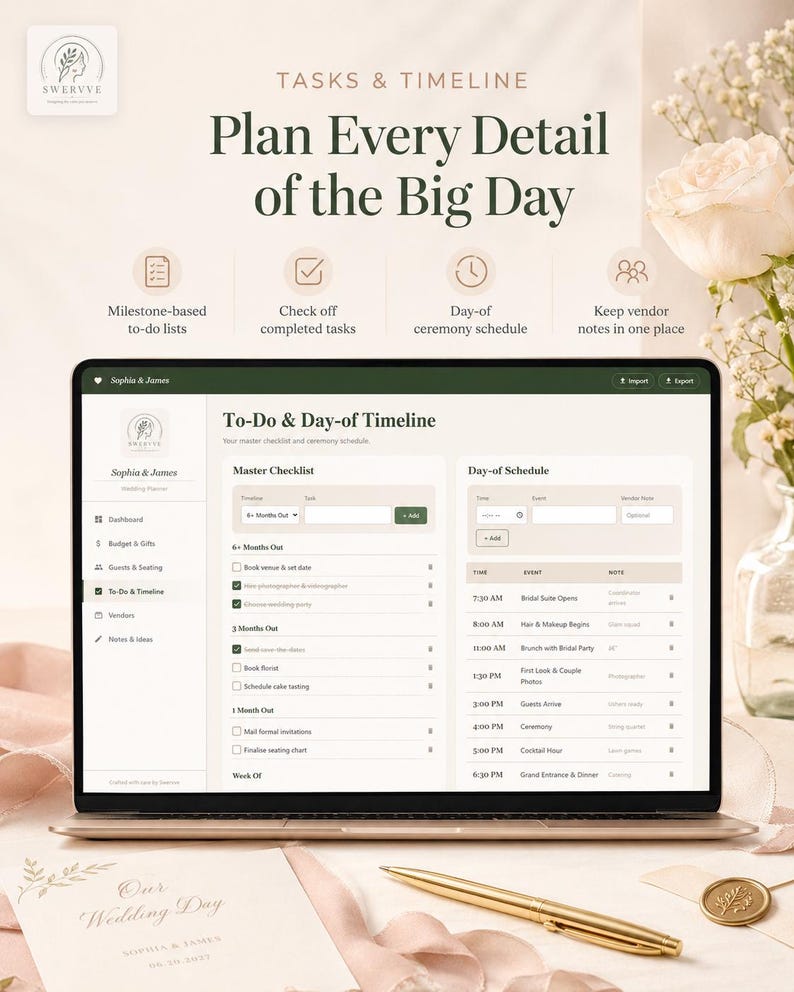 May include: A laptop screen displaying a wedding planning interface titled To-Do & Day-of Timeline, featuring a master checklist and a day-of schedule for Sophia & James. The screen shows task lists, vendor notes, and a ceremony timeline.