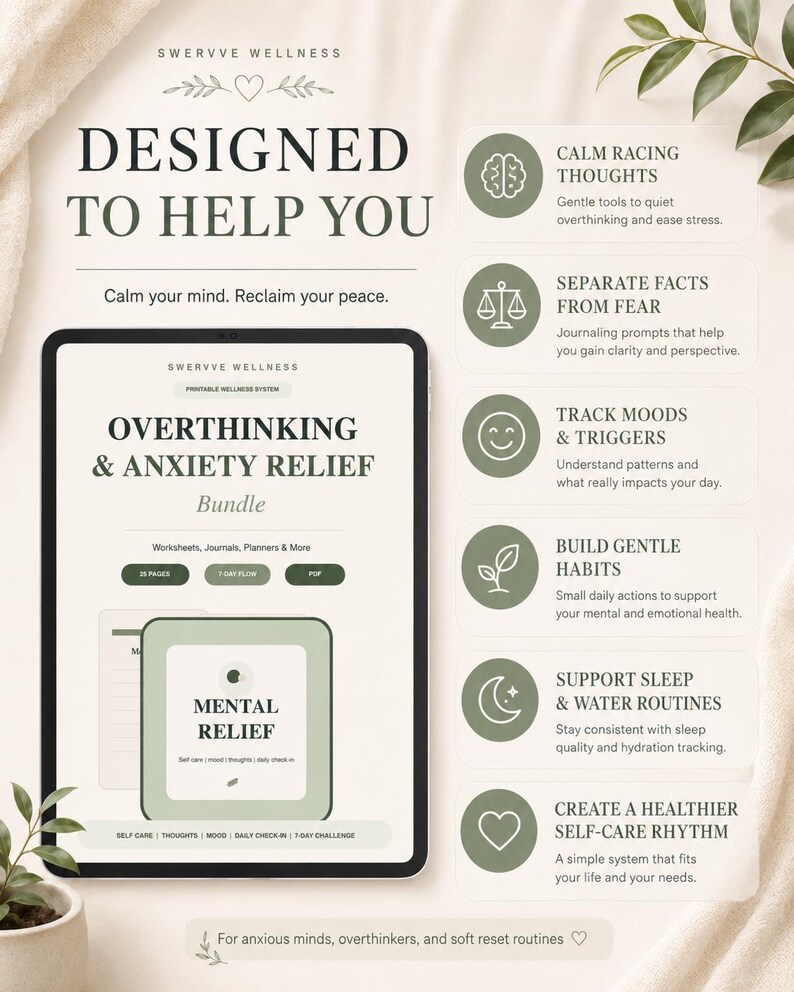 May include: A digital wellness system with the text "Designed to Help You" and "Overthinking & Anxiety Relief Bundle." The image includes icons for calming thoughts, separating facts from fear, tracking moods, building habits, and self-care.