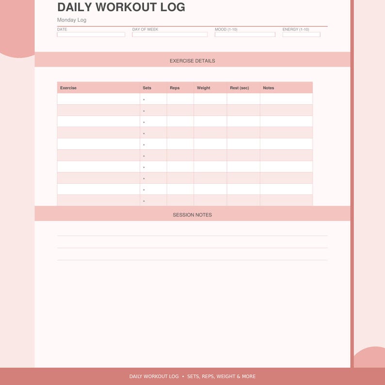 Op de afbeelding: Een roze en witte Daily Workout Log sjabloon. Het bovenste gedeelte bevat velden voor datum, dag van de week, stemming en energieniveaus. Het hoofdgdeelte is voor trainingsdetails, met kolommen voor sets, herhalingen, gewicht, rust en notities.