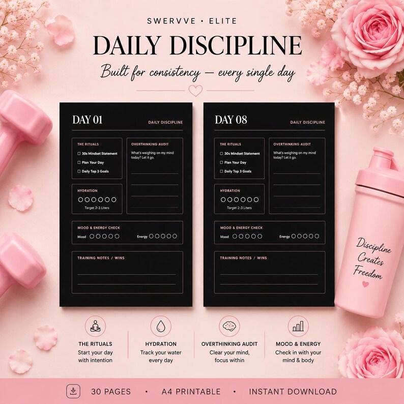 May include: A pink and black daily discipline planner with the text "DAILY DISCIPLINE" and "Built for consistency - every single day." The planner includes sections for rituals, hydration, mood, and energy checks. A pink water bottle is on the right.