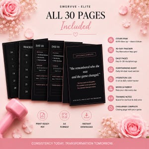 May include: A digital planner with a black cover and white text, featuring 30 pages. The planner includes sections for daily logs, mood tracking, and training notes. The image also includes pink flowers and a pink dumbbell.