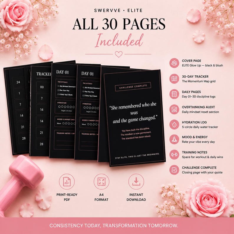 May include: A digital planner with a black cover and white text, featuring 30 pages. The planner includes sections for daily logs, mood tracking, and training notes. The image also includes pink flowers and a pink dumbbell.