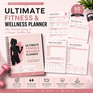 Op de afbeelding: Een roze en witte fitness- en wellnessplanner met de tekst "ULTIMATE FITNESS & WELLNESS PLANNER". De planner bevat secties voor doelstellingen, trainingslogboeken, maaltijdplanning en voortgangsregistratie. Een roze halter is zichtbaar.
