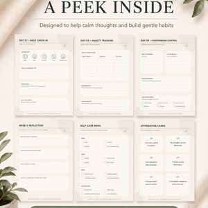 May include: A printable PDF wellness journal with a beige and white design. The journal includes sections for daily check-ins, anxiety tracking, weekly reflections, and self-care menus. The cover reads "A PEEK INSIDE" and "Designed to help calm thoughts and build gentle habits."