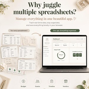 May include: A digital planning application interface displayed on a laptop screen, showing a dashboard with budget, guest, and timeline tracking features. The screen displays the text Why juggle multiple spreadsheets? Manage everything in one beautiful app.