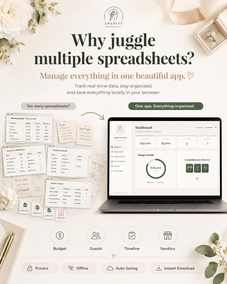 May include: A digital planning application interface displayed on a laptop screen, showing a dashboard with budget, guest, and timeline tracking features. The screen displays the text Why juggle multiple spreadsheets? Manage everything in one beautiful app.