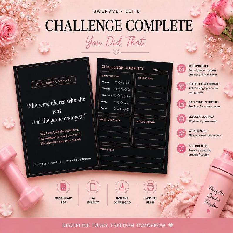 May include: A black journal with the words "Challenge Complete" and "You Did That" on a pink background. The journal includes sections for final check-in, biggest wins, and lessons learned. A pink dumbbell and water bottle are also in the image.