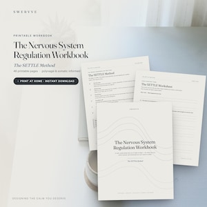 May include: A printable workbook titled The Nervous System Regulation Workbook featuring The SETTLE Method. The document includes 46 pages with instructional text, a SETTLE worksheet, and a cover page with wavy line graphics on a light background.