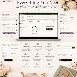May include: A digital wedding planning application displayed on a laptop screen, featuring a dashboard with budget tracking, guest list management, seating planner, vendor directory, and a timeline. The interface includes text labels for each feature.