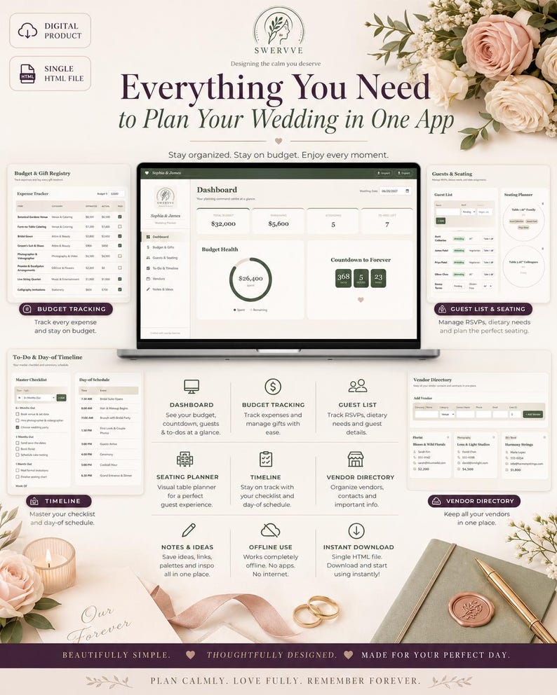 May include: A digital wedding planning application displayed on a laptop screen, featuring a dashboard with budget tracking, guest list management, seating planner, vendor directory, and a timeline. The interface includes text labels for each feature.