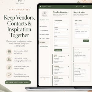 May include: A digital wedding planner interface displayed on a laptop screen, featuring sections for a vendor directory, notes, and ideas. The layout includes fields for contact details, cost, and creative inspiration, with a clean, organized design.