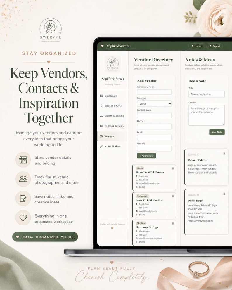 May include: A digital wedding planner interface displayed on a laptop screen, featuring sections for a vendor directory, notes, and ideas. The layout includes fields for contact details, cost, and creative inspiration, with a clean, organized design.