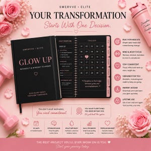 May include: A black "Glow Up" workout and mindset planner with a pink water bottle and dumbbells. The planner includes a daily discipline and tracker section. The text reads "Your Transformation Starts With One Decision."