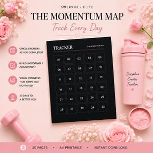 May include: A pink fitness-themed image with a black tracker, a pink shaker bottle with the text "Discipline Creates Freedom", and a pink dumbbell. The tracker is labeled "The Momentum Map" and has a 30-day calendar.
