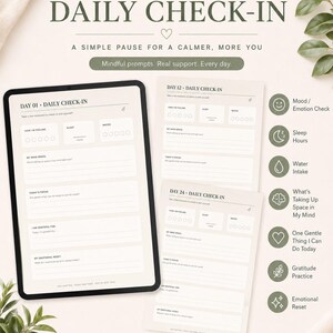May include: A digital tablet displaying a daily check-in journal with prompts for mood, sleep, and water intake. The journal pages are light beige with dark green text and icons. The image includes text that says "Daily Check-In".