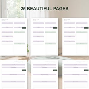 May include: A collection of white planner pages with a weekly plan and meditation journal layout. The pages have a minimalist design with lavender and green accents. The text "25 BEAUTIFUL PAGES" is displayed at the top.