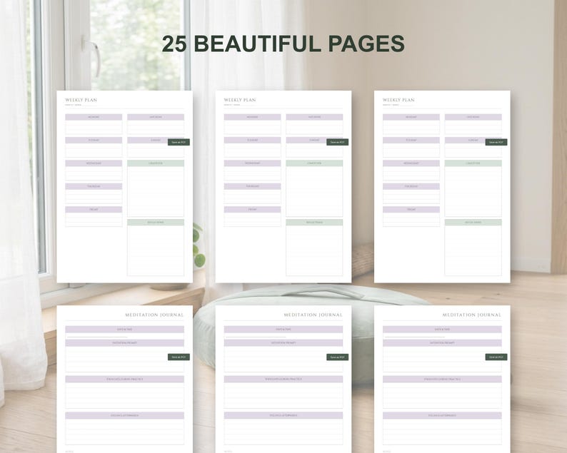 May include: A collection of white planner pages with a weekly plan and meditation journal layout. The pages have a minimalist design with lavender and green accents. The text "25 BEAUTIFUL PAGES" is displayed at the top.