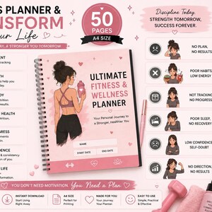 Op de afbeelding: Een roze en witte Ultimate Fitness & Wellness Planner met een spiraalbinding, met een illustratie van een vrouw. De planner bevat secties voor het volgen van fitnessdoelen en welzijn, met tekst als "50 pagina's A4 formaat".