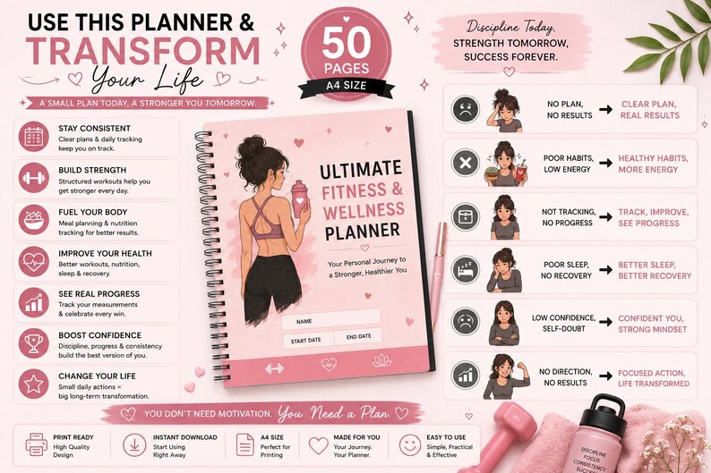 Op de afbeelding: Een roze en witte Ultimate Fitness & Wellness Planner met een spiraalbinding, met een illustratie van een vrouw. De planner bevat secties voor het volgen van fitnessdoelen en welzijn, met tekst als "50 pagina's A4 formaat".