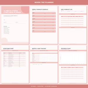 Op de afbeelding: Een blush roze fitness- en wellnessplanner met pagina's voor een wekelijks trainingsschema, dagelijks trainingslogboek, stretchgids en maandelijkse gewoontetracker. De tekst "ULTIMATE FITNESS & WELLNESS PLANNER" is zichtbaar. 50 pagina's, A4 direct downloaden.