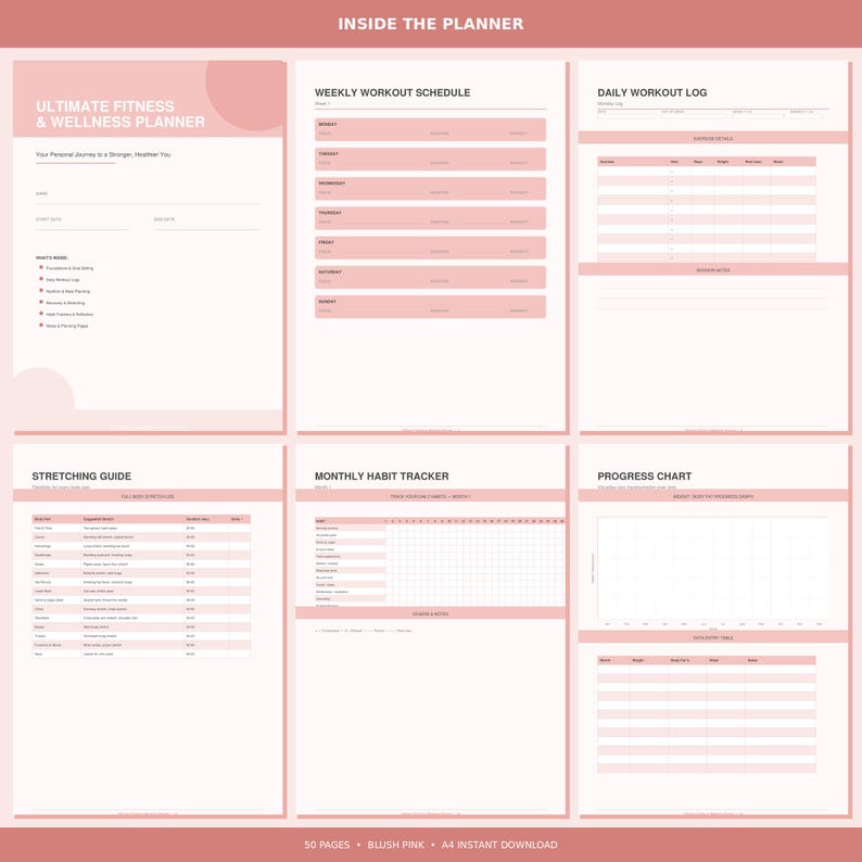 Op de afbeelding: Een blush roze fitness- en wellnessplanner met pagina's voor een wekelijks trainingsschema, dagelijks trainingslogboek, stretchgids en maandelijkse gewoontetracker. De tekst "ULTIMATE FITNESS & WELLNESS PLANNER" is zichtbaar. 50 pagina's, A4 direct downloaden.