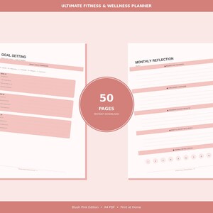 Op de afbeelding: Een blush roze fitness- en wellnessplanner met de tekst "ULTIMATE FITNESS & WELLNESS PLANNER" bovenaan. De planner bevat pagina's voor het stellen van doelen en maandelijkse reflectie. Het midden van de afbeelding heeft een cirkel met de tekst "50 PAGES INSTANT DOWNLOAD".