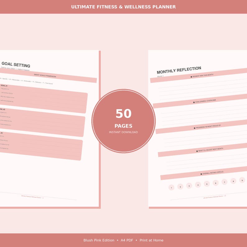Op de afbeelding: Een blush roze fitness- en wellnessplanner met de tekst "ULTIMATE FITNESS & WELLNESS PLANNER" bovenaan. De planner bevat pagina's voor het stellen van doelen en maandelijkse reflectie. Het midden van de afbeelding heeft een cirkel met de tekst "50 PAGES INSTANT DOWNLOAD".