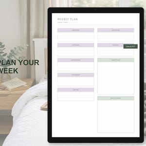 May include: A digital weekly planner displayed on a black tablet. The planner features sections for each day of the week, with headings in a soft purple hue. The words "Plan Your Week" are displayed on the left side of the image.