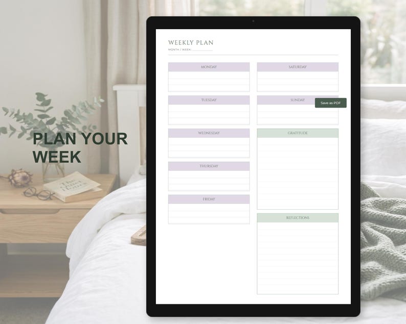 May include: A digital weekly planner displayed on a black tablet. The planner features sections for each day of the week, with headings in a soft purple hue. The words "Plan Your Week" are displayed on the left side of the image.