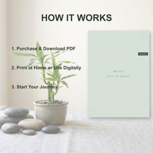 May include: A serene image featuring a potted bamboo plant, smooth gray stones, and a light green journal. The journal displays the words "Breathe, Trust the Process." Text above reads "How It Works" with instructions: Purchase & Download PDF, Print at Home or Use Digitally, and Start Your Journey.