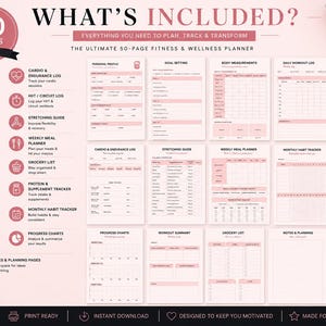 Op de afbeelding: Een 50 pagina's tellende fitness- en wellnessplanner in roze en wit. Het bevat secties voor persoonlijke profielen, doelen stellen, lichaamsmetingen, trainingsschema's en meer. De tekst "WHAT'S INCLUDED?" staat bovenaan.
