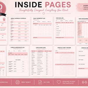 Op de afbeelding: Een roze en witte fitnessplanner met 50 pagina's, A4-formaat, met trainingsschema's, maaltijdplanners en lichaamsmetingen. De planner bevat de tekst "INSIDE PAGES" en "Thoughtfully Designed. Everything You Need."
